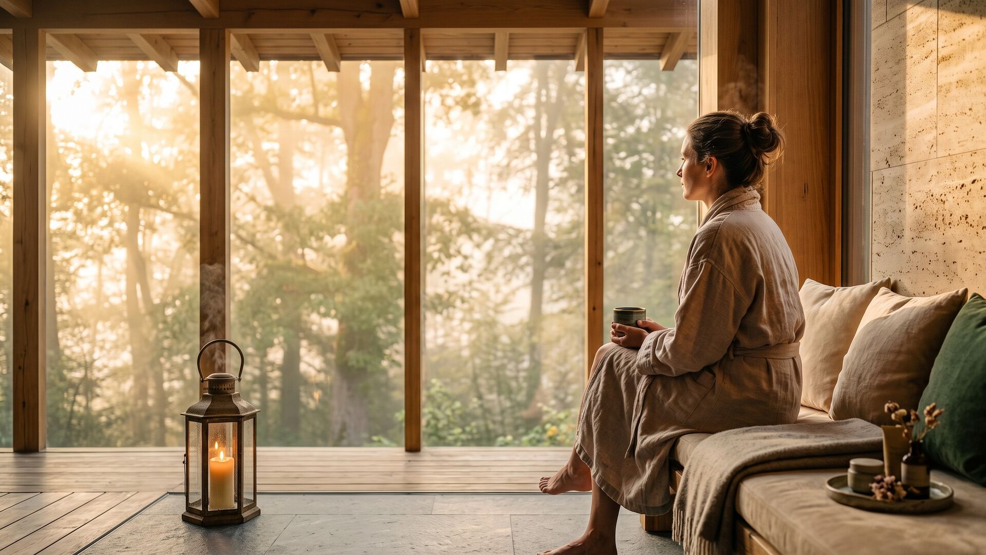 Eine Frau im Leinenmantel sitzt mit einer Tasse Tee am Fenster, draussen alte Bäume im Morgennebel (KI-generiert, illustrativ).