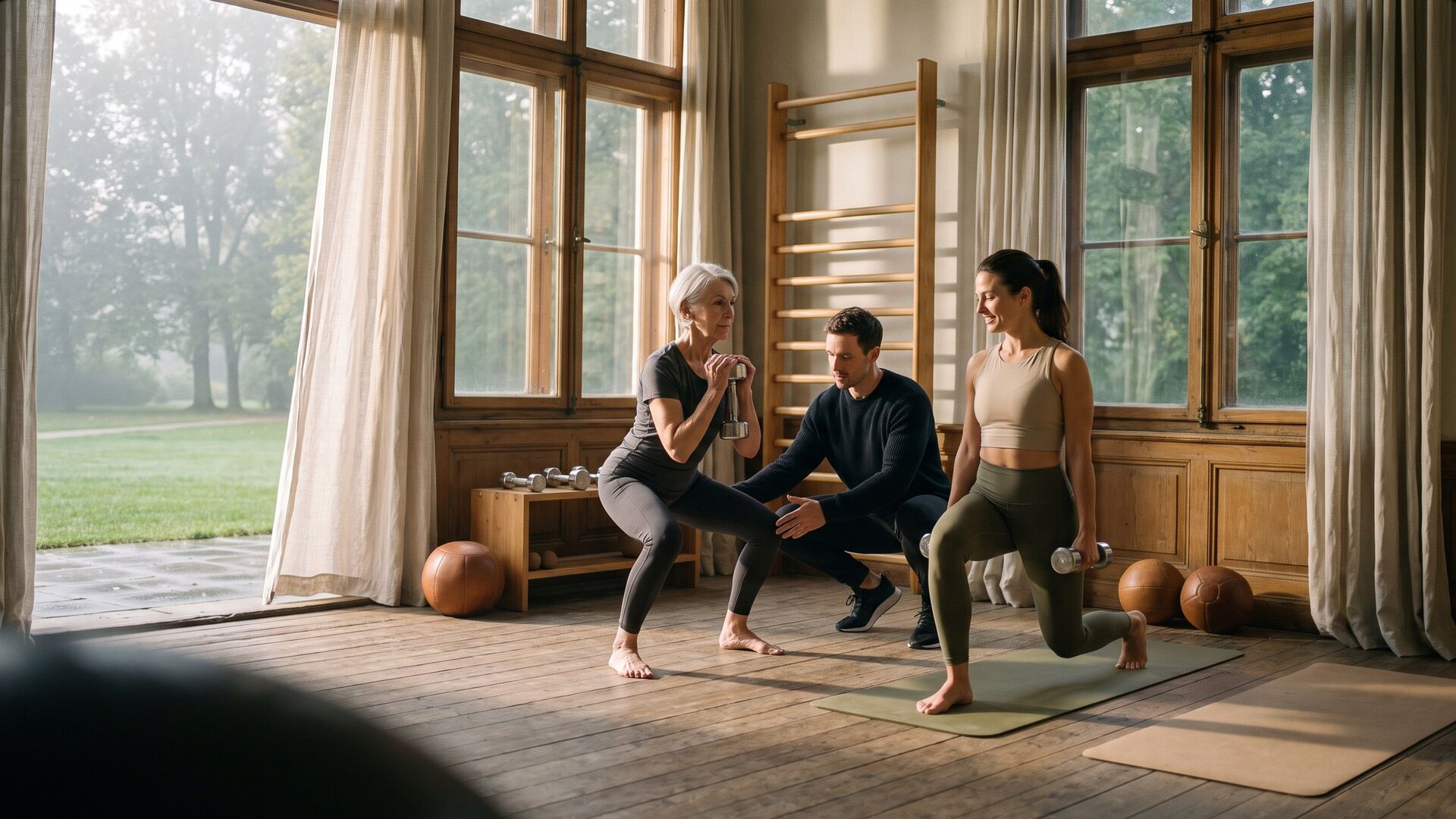Drei Personen beim Training in einem hellen Raum mit hohen Fenstern: eine ältere Frau bei der Kniebeuge, eine jüngere im Ausfallschritt auf einer Yogamatte, ein Trainer korrigiert (KI-generiert, illustrativ).