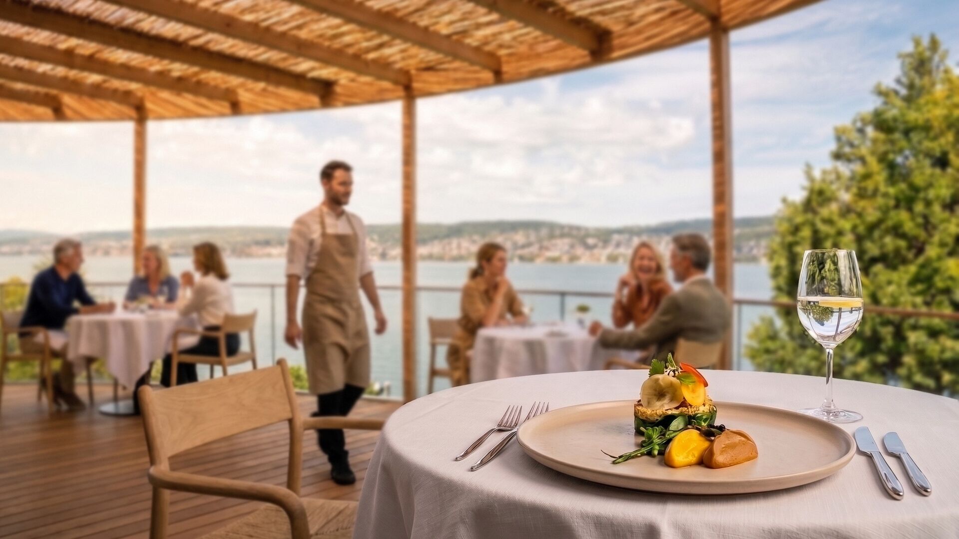 Ein angerichteter Teller auf einer weiss gedeckten Tafel, dahinter Gäste unter einer Pergola und der Blick über den Zürichsee (KI-generiert, illustrativ).