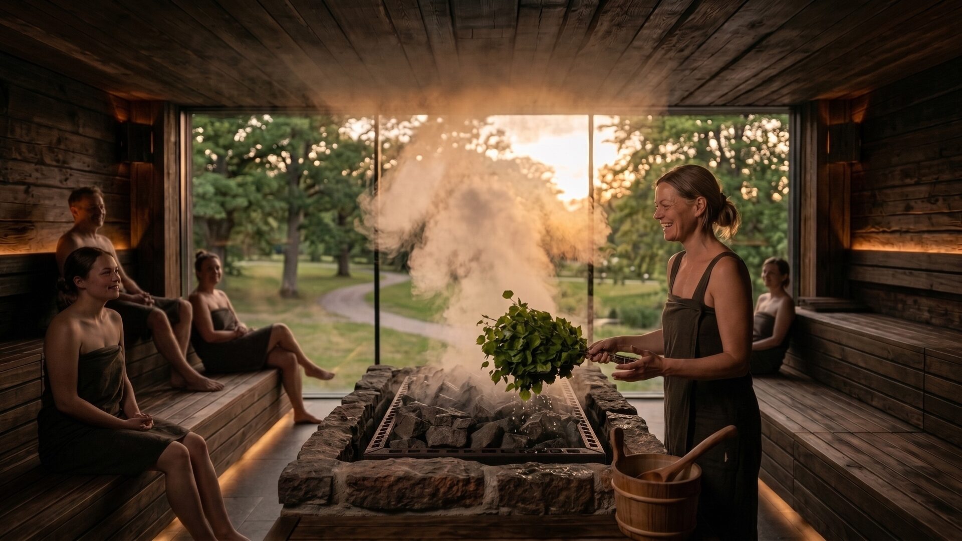 Aufguss-Zeremonie in der Altholz-Sauna: Eine Saunameisterin wedelt mit frischen Birkenzweigen über dem Steinofen, Dampf steigt vor der Glasfront zum Park auf, Gäste ruhen auf den Bänken (KI-generiert, illustrativ).
