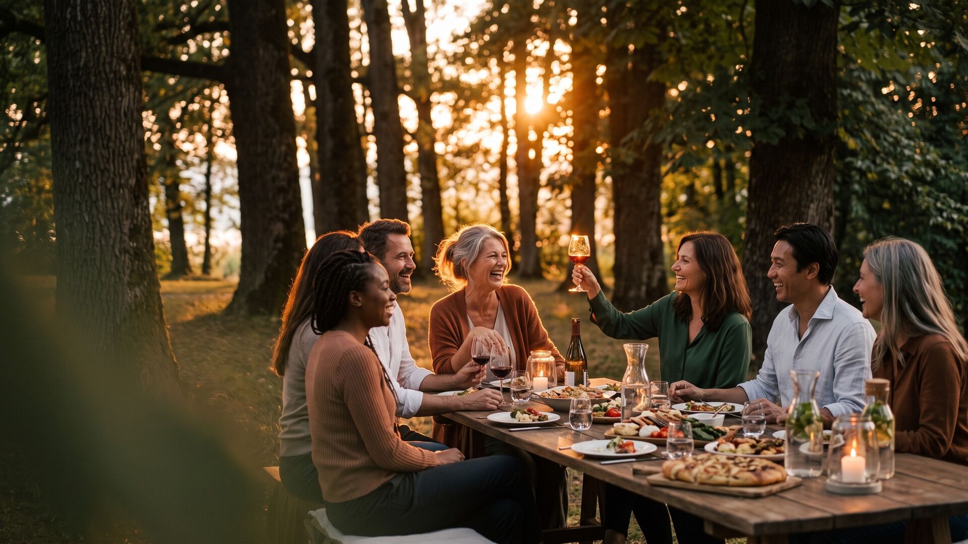 Freunde lachen an einer langen Tafel unter alten Bäumen im Abendlicht (KI-generiert, illustrativ).