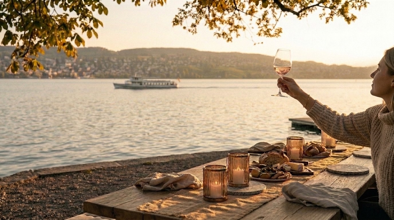 Frau in der goldenen Abendstunde am Seeufer, das Glas zum Wasser erhoben — ein rustikaler Tisch mit Kerzen, Brot und Oliven, ein Schiff auf dem See (KI-generiert, illustrativ).