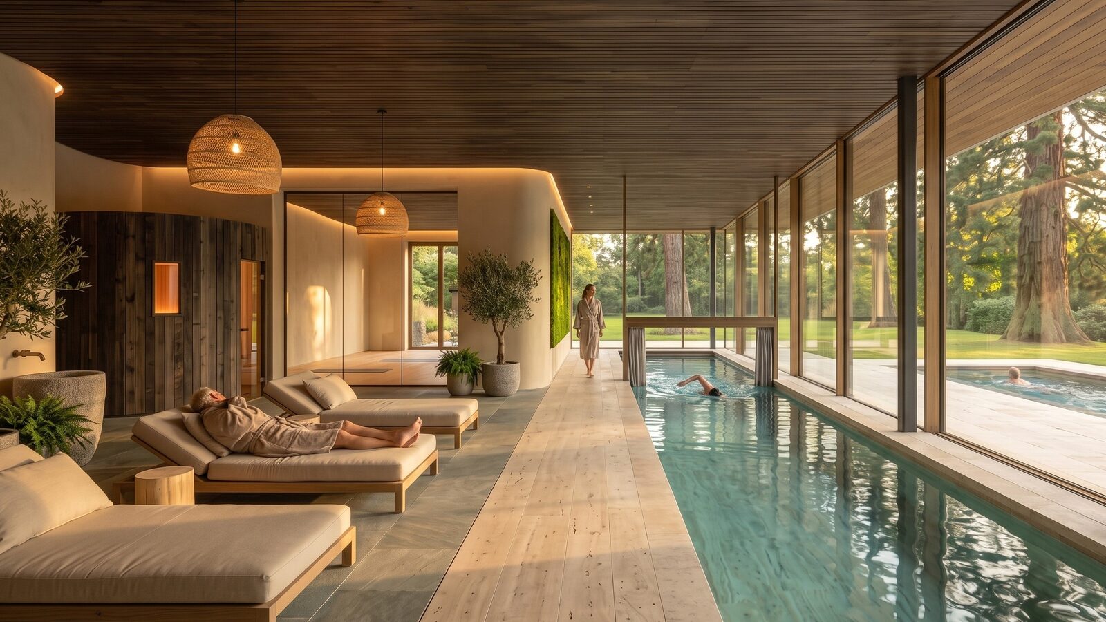 Ruhezone im Spa mit Liegen und Innenbecken, durch die Glasfront der Park im Nachmittagslicht (KI-generiert, illustrativ).
