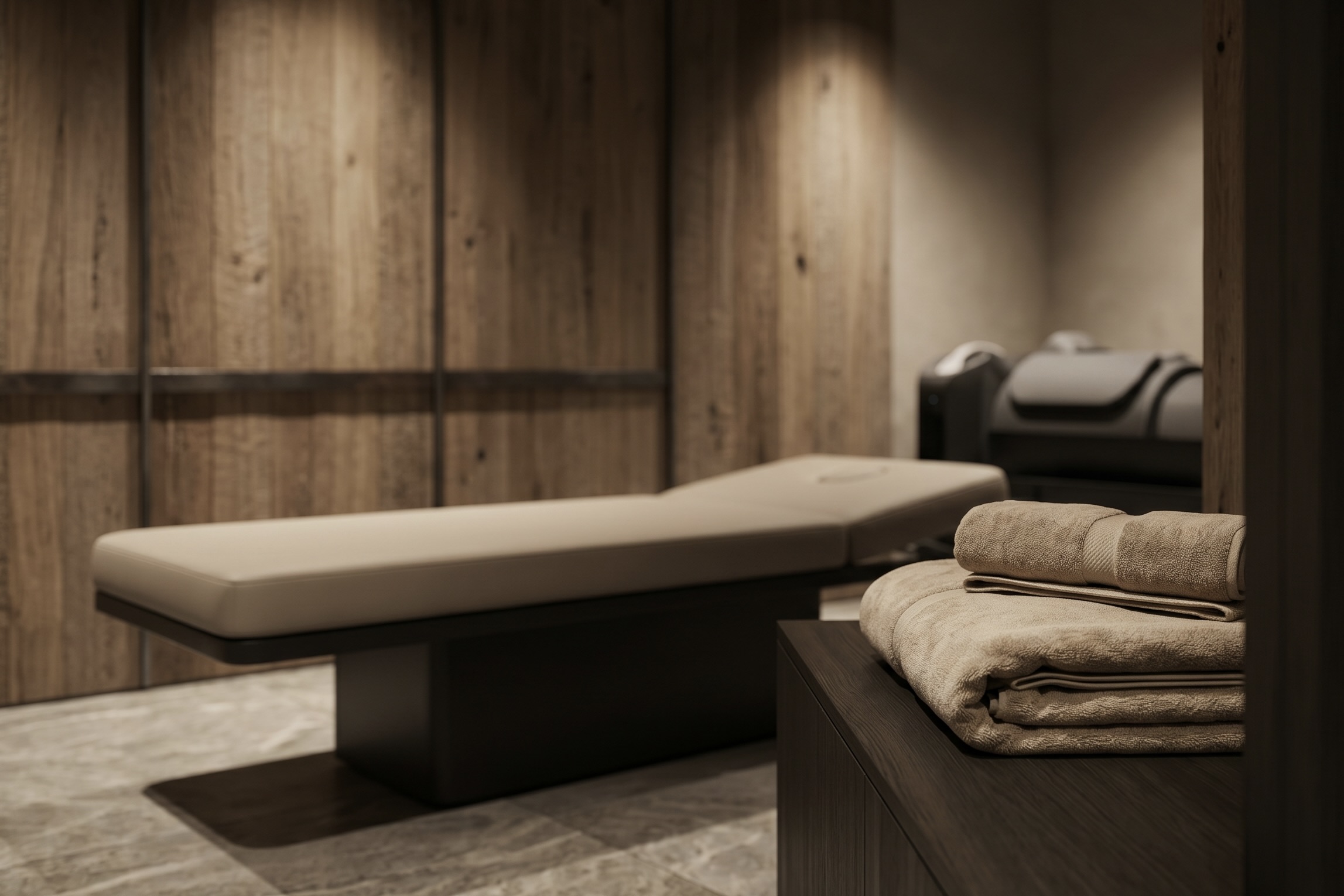 Sauna-Detail im warmen Studio-Licht — Naturholz, Stein und Wärme als Materialstudie zur Body-Welt.