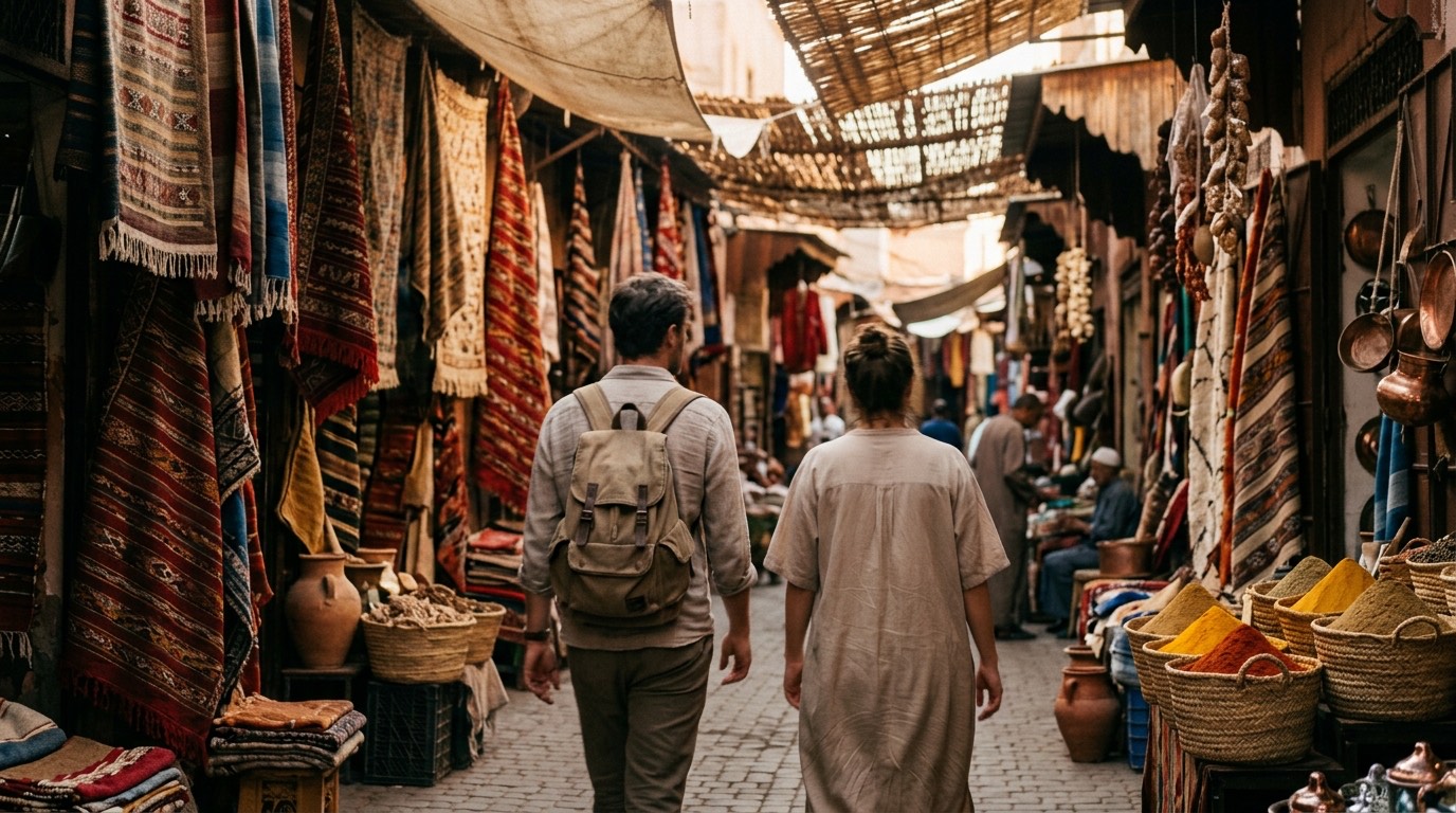 Zwei Reisende von hinten in einer lebhaften Marktgasse eines Souks — bunte Teppiche, Gewürze in Körben und Kupferwaren an den Ständen; eine kuratierte Reise (KI-generiert, illustrativ).