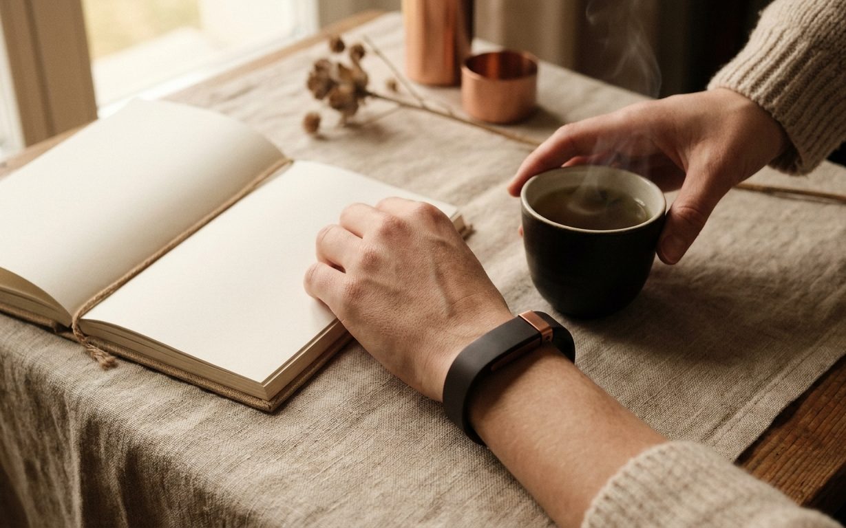 Hände an einem leinengedeckten Tisch — eine ruht auf einem aufgeschlagenen, leeren Notizbuch, die andere hält eine dampfende dunkle Tasse; am Handgelenk ein schlichter Fitness-Tracker, daneben Kupfergefässe im weichen Fensterlicht.
