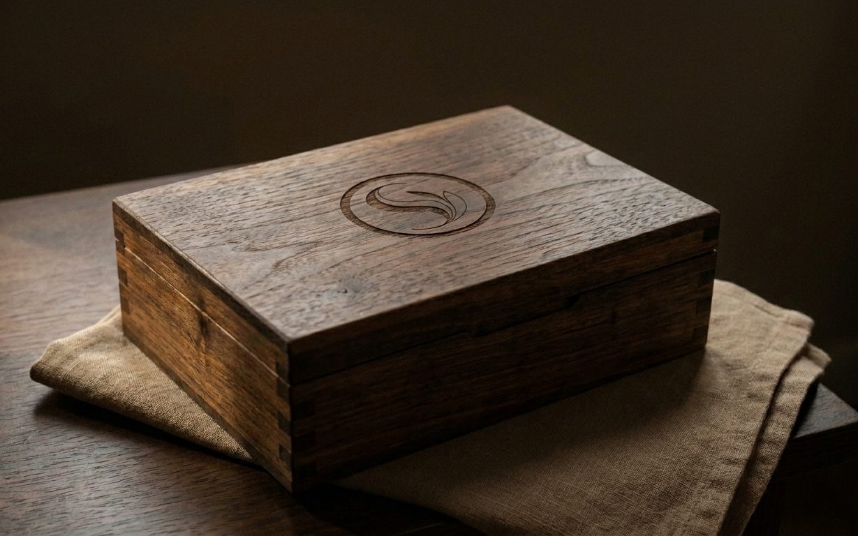 Eine handgefertigte Schatulle aus dunklem Holz mit Schwalbenschwanz-Verbindung steht auf einem gefalteten Leinentuch auf dunklem Holz; im Deckel das Signet von The Local Sanctuary eingraviert.