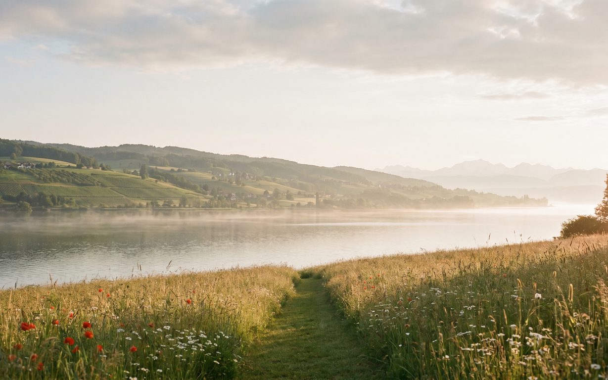 Morgenstimmung am Zürisee: ein gemähter Wiesenpfad führt durch eine Blumenwiese mit Mohn hinunter zum nebelverhangenen See, dahinter sanfte Hügel im goldenen Licht.