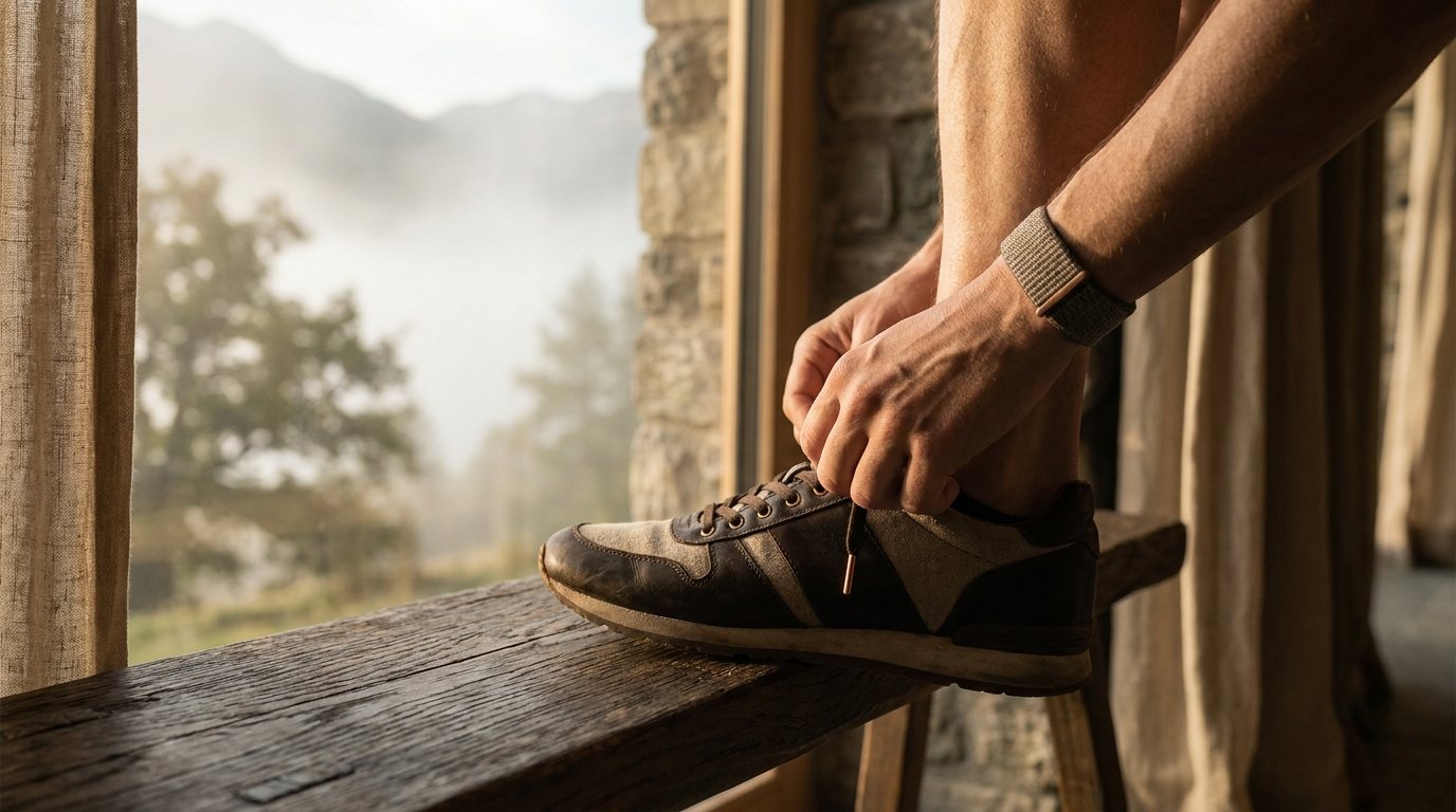 Hände schnüren im Morgenlicht einen Laufschuh auf einer Holzbank am Fenster, im Hintergrund eine nebelverhangene Berglandschaft.