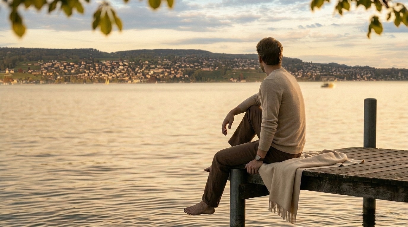 Person am Zürisee in goldener Abendstimmung, von hinten — ein Moment des Innehaltens (KI-generiert, illustrativ).
