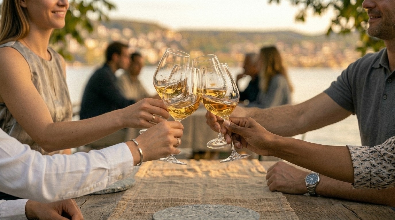 Anstossen mit Weingläsern an einer langen Tafel im warmen Abendlicht — Gemeinschaft (KI-generiert, illustrativ).