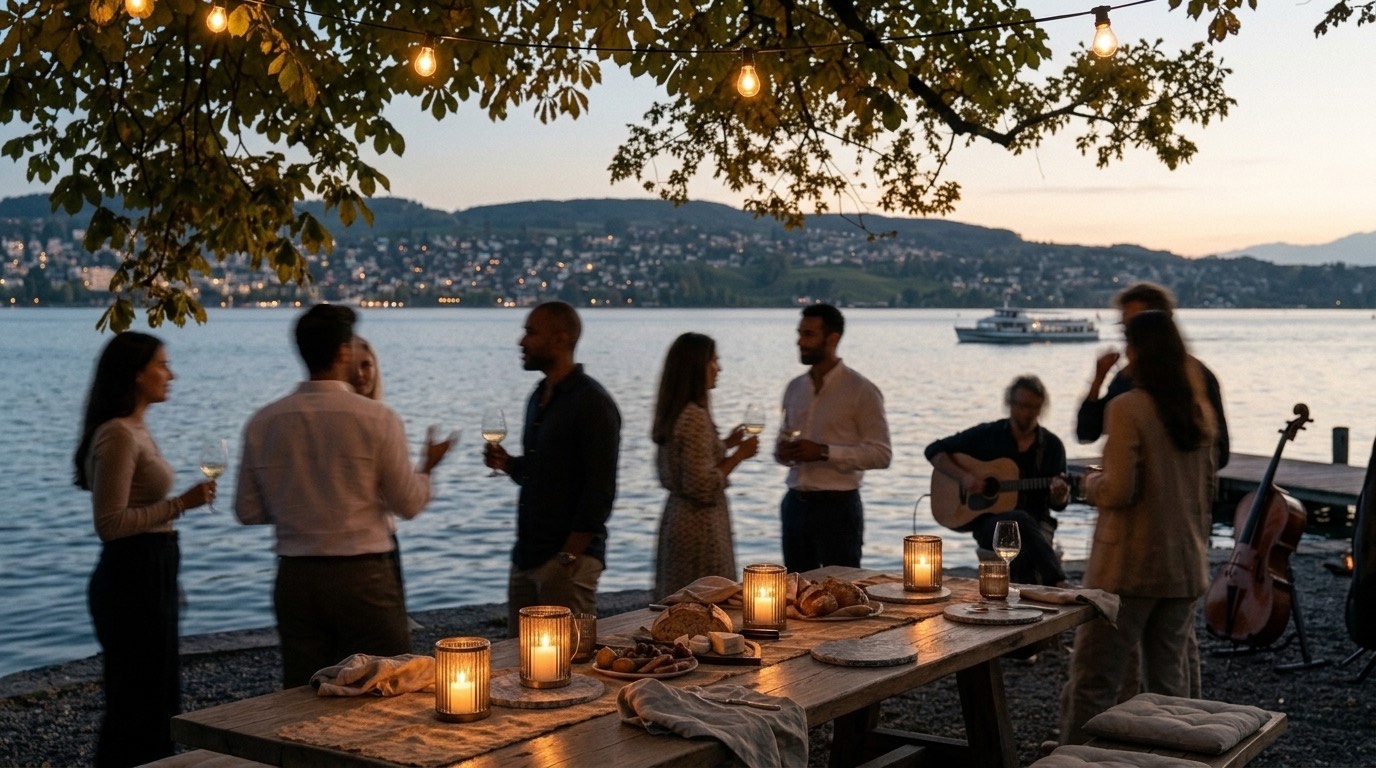 Abendliche Runde am Seeufer in der goldenen Stunde — Menschen im Gespräch mit Weingläsern, ein Gitarrist und ein Cello, ein rustikaler Tisch mit Kerzen und Lichterketten über dem Wasser (KI-generiert, illustrativ).