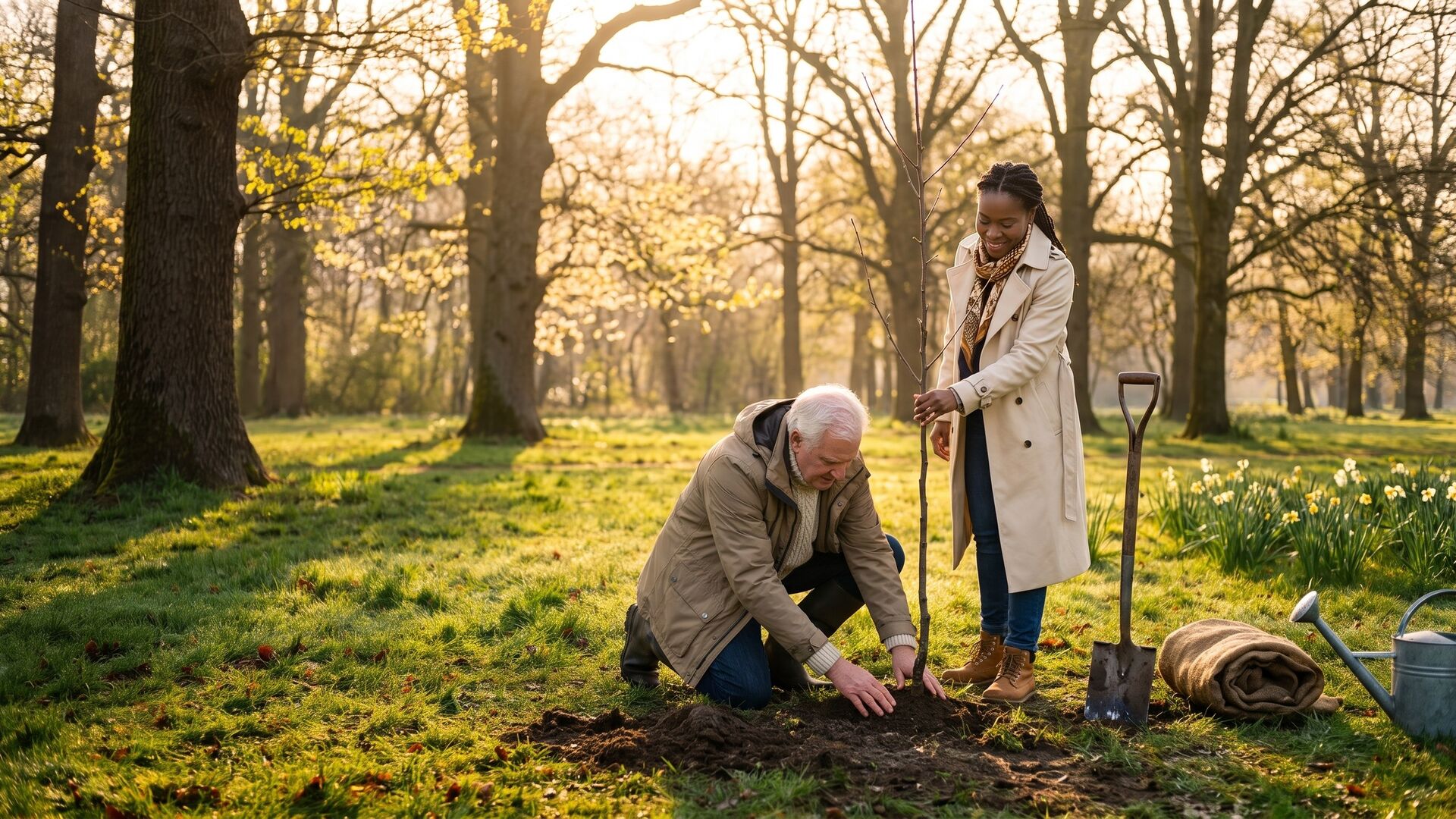 Ein älterer Mann und eine jüngere Frau pflanzen an einem Frühlingsmorgen einen jungen Baum im Park (KI-generiert, illustrativ).