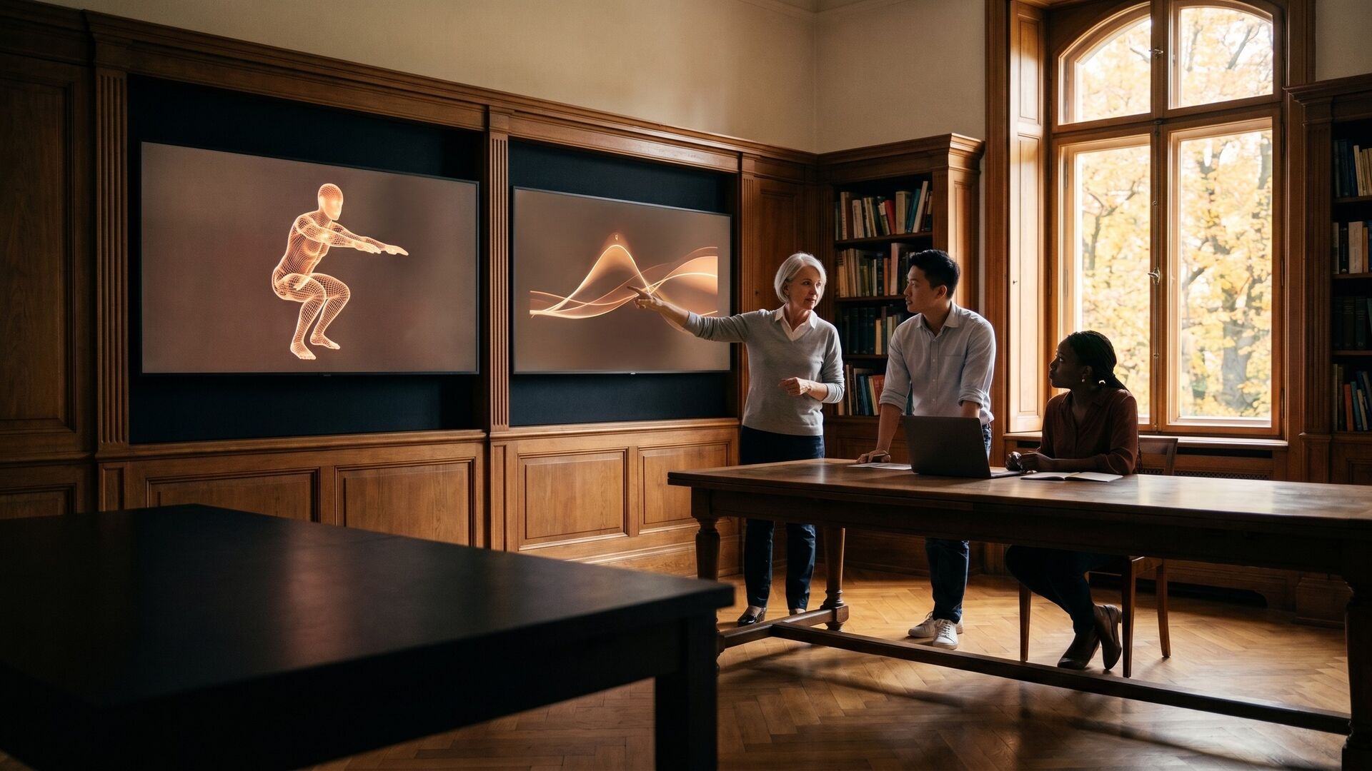 Ein Forschungsteam bespricht ein 3D-Bewegungsmodell auf einem Bildschirm, in einem Arbeitszimmer mit Eichentäfelung und Blick in den Park (KI-generiert, illustrativ).